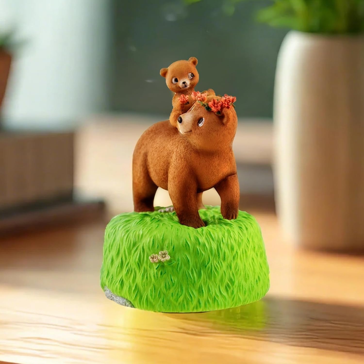Mother & Daughter Bear Music Box Hand-Painted Vintage Figurine