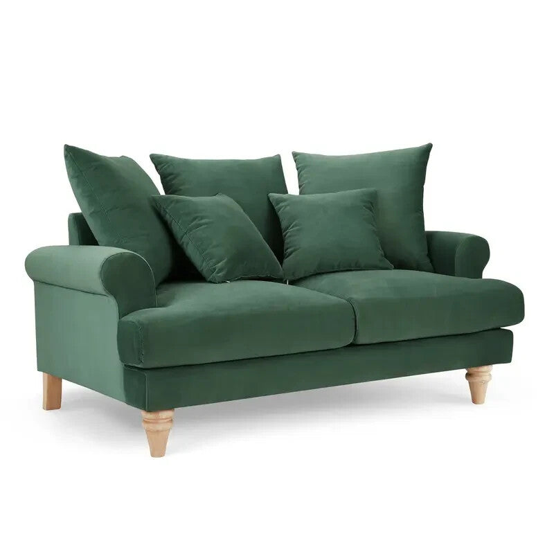 Green Velvet 2 Seater Sofa with Scatter Cushions Curved Arm Couch UK