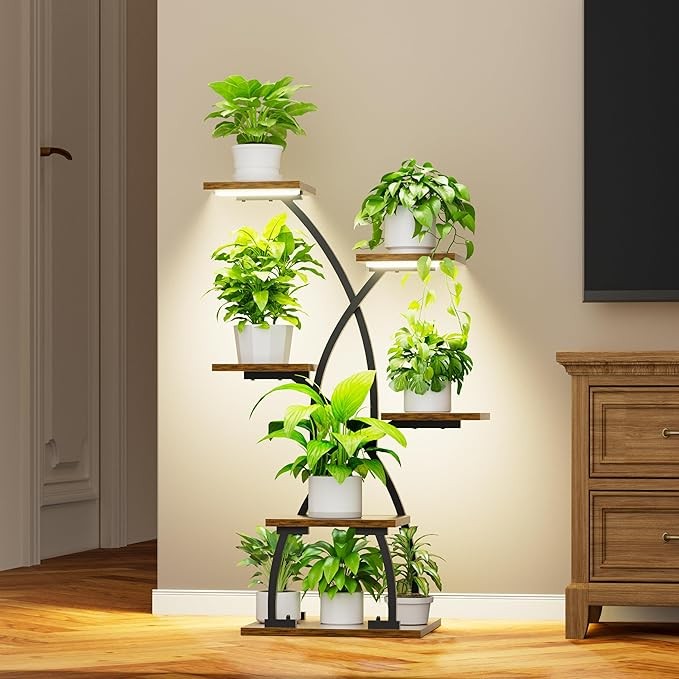 6 Tier Metal Plant Stand with Grow Lights Indoor Curved Flower Shelf for Home