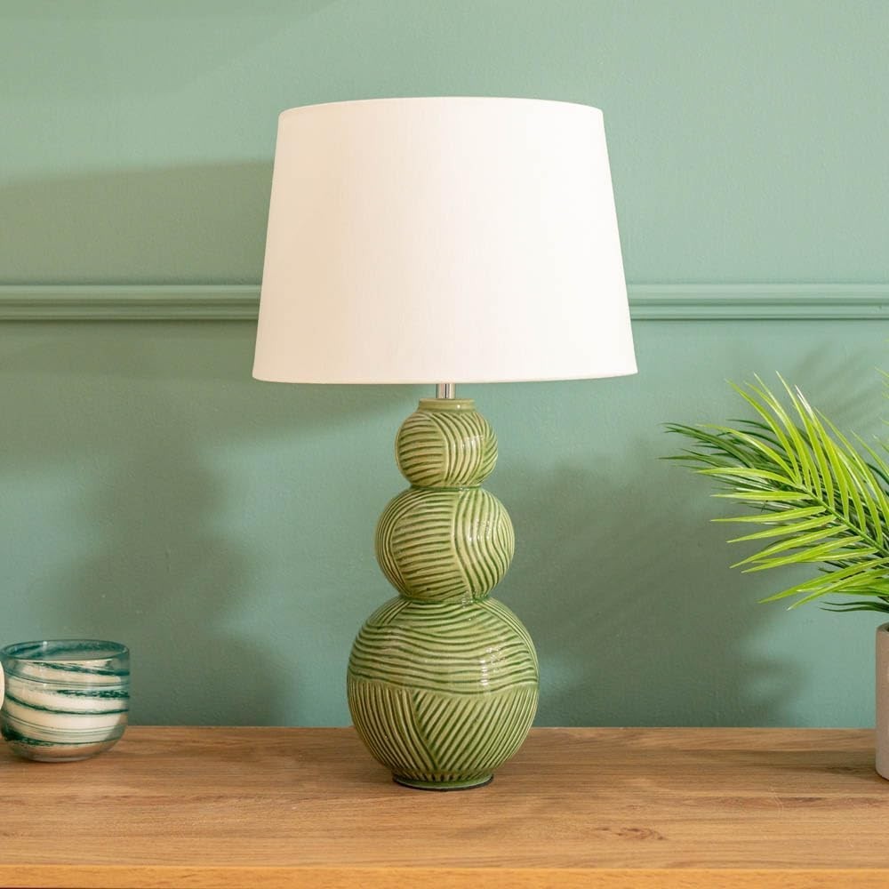 Green Ceramic Stacked Ball Table Lamp White Tapered Shade LED Bulb Included