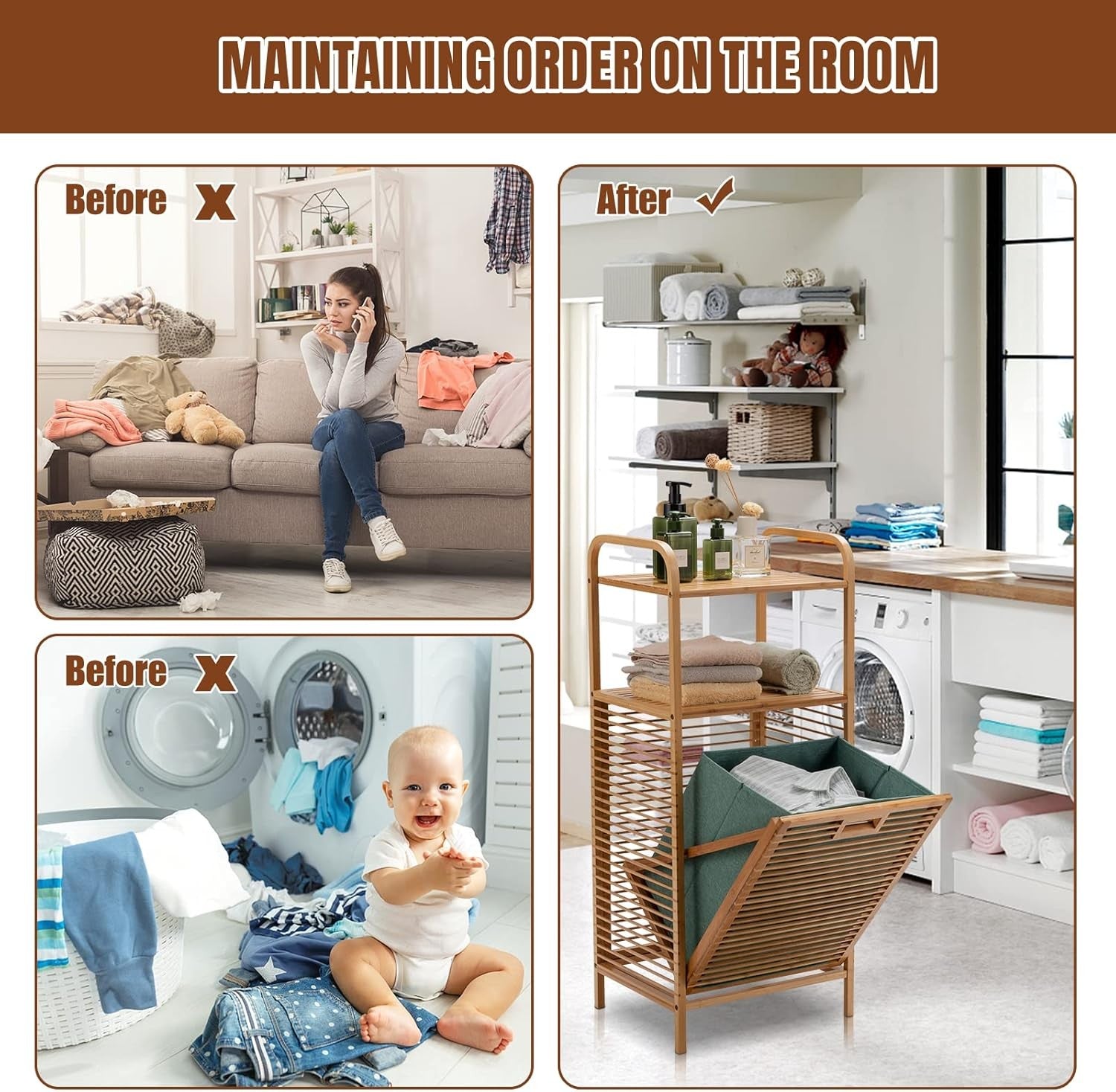 Bamboo 2-Tier Laundry Hamper with Pull-Out Bag & Storage Shelves Bathroom