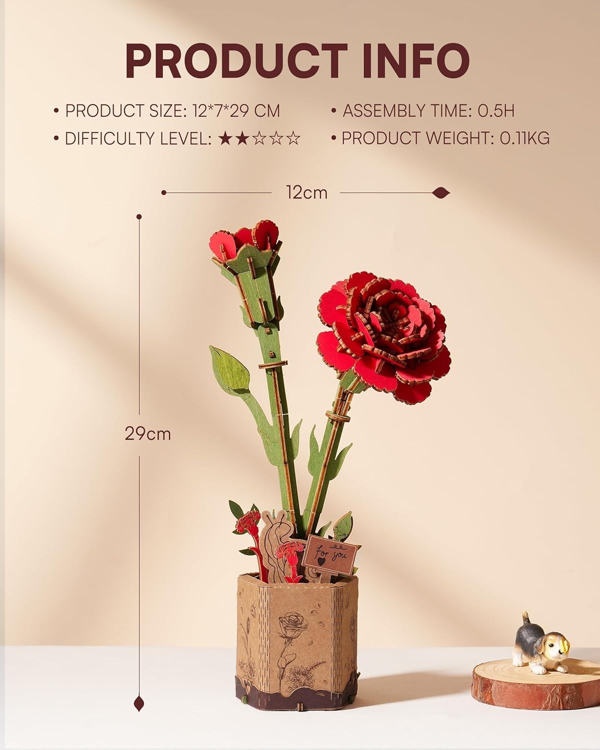 3D Wooden Flower Puzzle Kit for Adults – Red Carnation Gift Decor