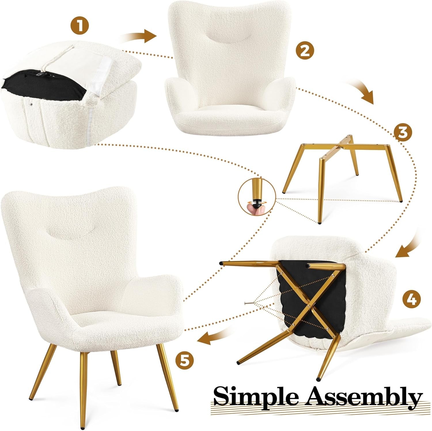 Sherpa Boucle Armchair with Ottoman High Back Lounge Chair Ivory