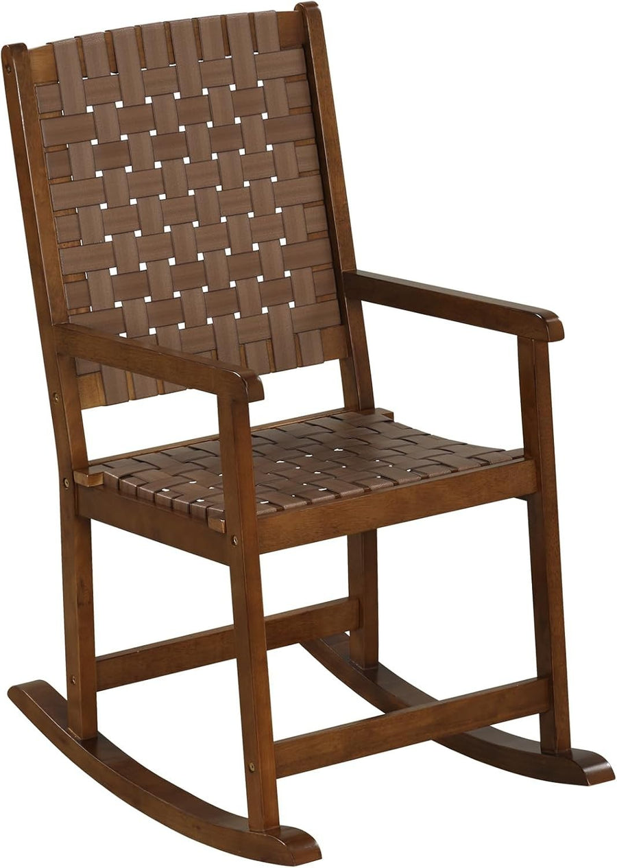 Outdoor Rocking Chair with PU Leather Seat & Woven Back – Patio & Balcony
