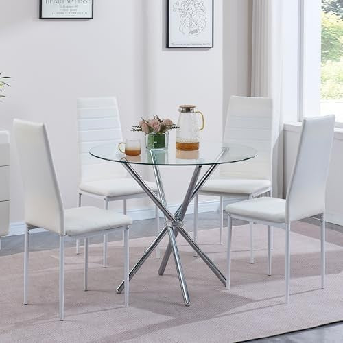 Round Glass Dining Table 90cm Silver Tempered Metal Legs Modern