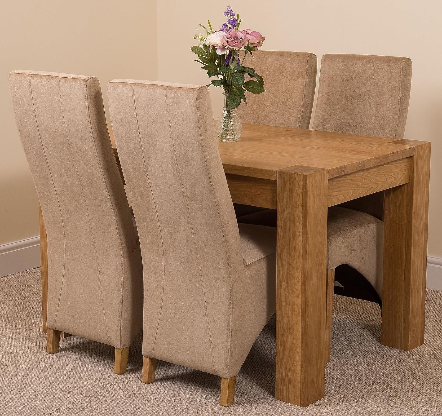 Solid Oak Dining Table Set 4 Beige Fabric Chairs Compact 125cm Contemporary