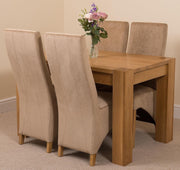 Solid Oak Dining Table Set 4 Beige Fabric Chairs Compact 125cm Contemporary