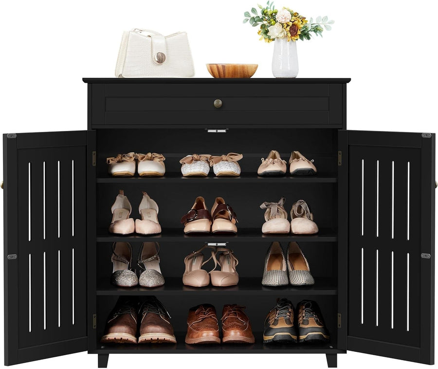 4-Tier Black Shoe Cabinet with Drawer & Adjustable Shelves – Space Saver