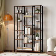 Tall 6 Tier Industrial Bookcase Rustic Brown Black Metal Shelves 15 Cube Storage