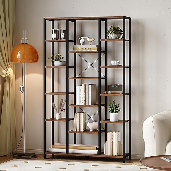 Tall 6 Tier Industrial Bookcase Rustic Brown Black Metal Shelves 15 Cube Storage
