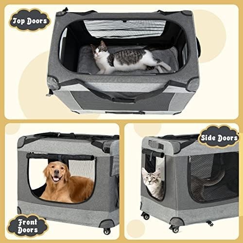 Foldable Grey Pet Carrier Crate with Wheels 3-Door Travel Bag for Cats & Dogs