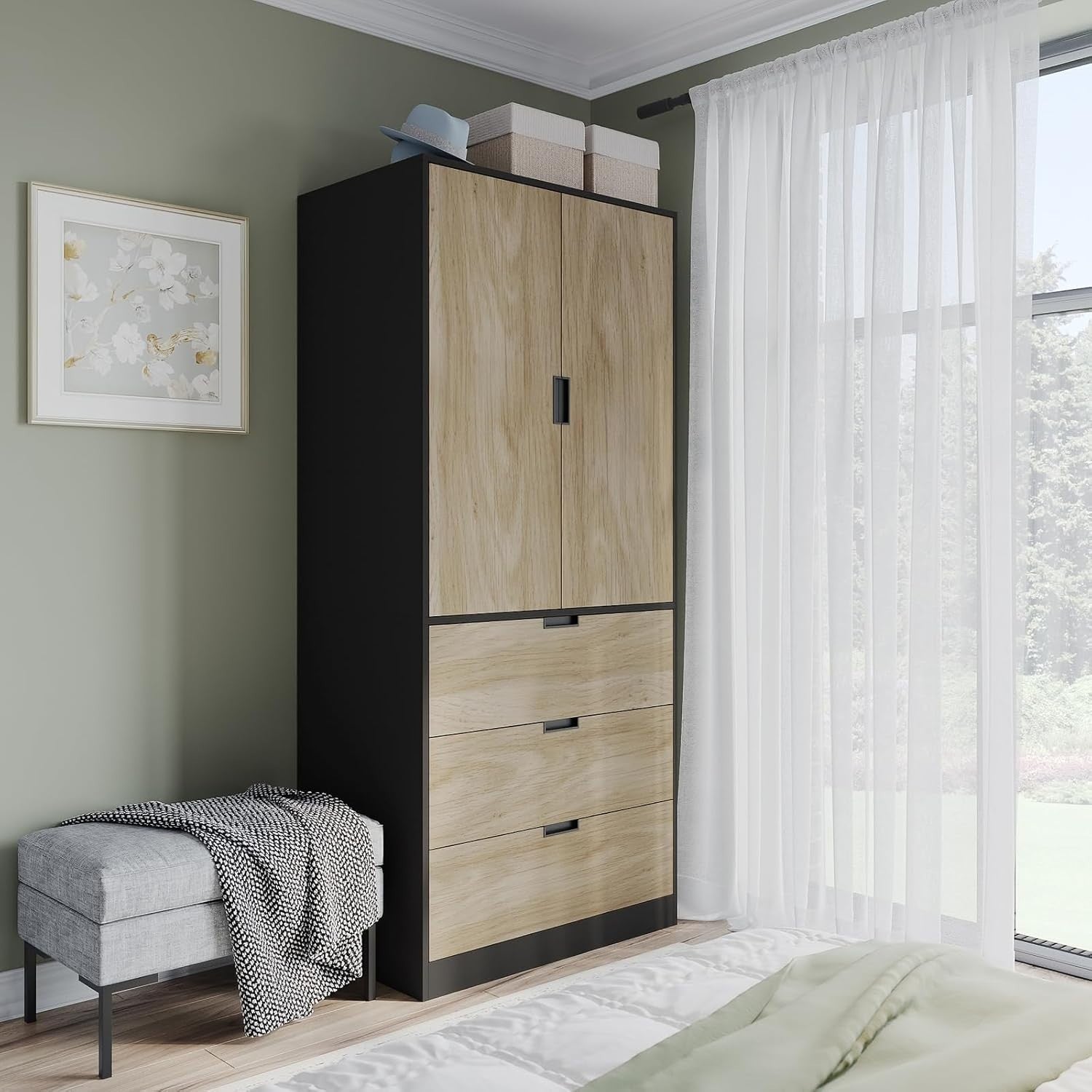 Oak 2 Door Wardrobe with Drawers & Hanging Rail Modern Storage Unit