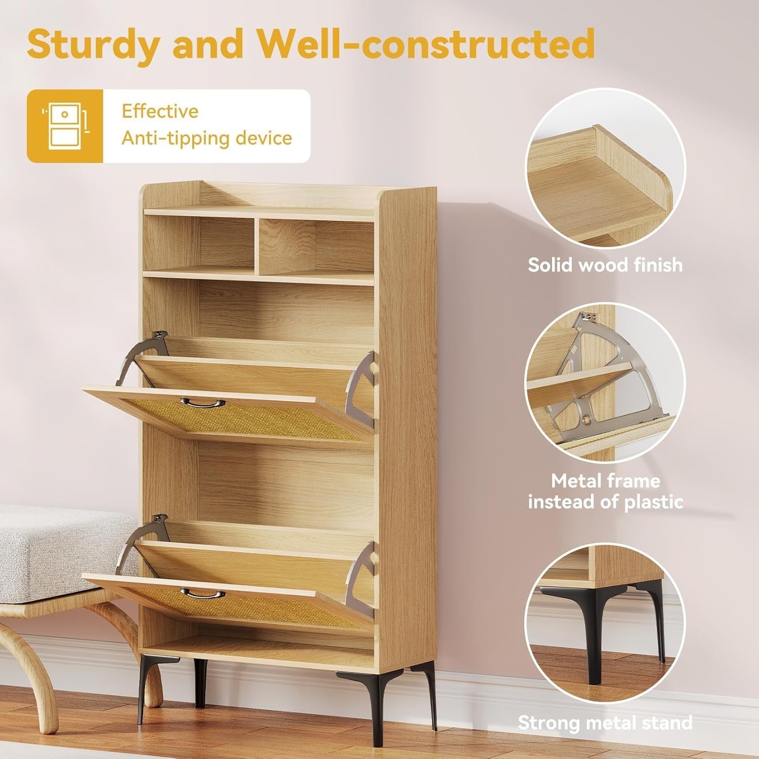 Compact Shoe Cabinet 2 Flip Drawers + Adjustable Dividers, Sturdy & Space-Saving