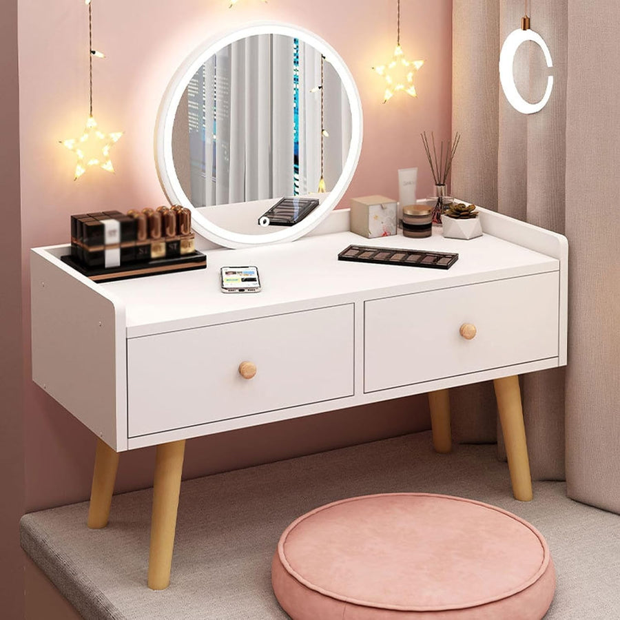 Warm White Vanity Desk Makeup Dressing Table Mirror Set 2 Drawers Bedroom Decor