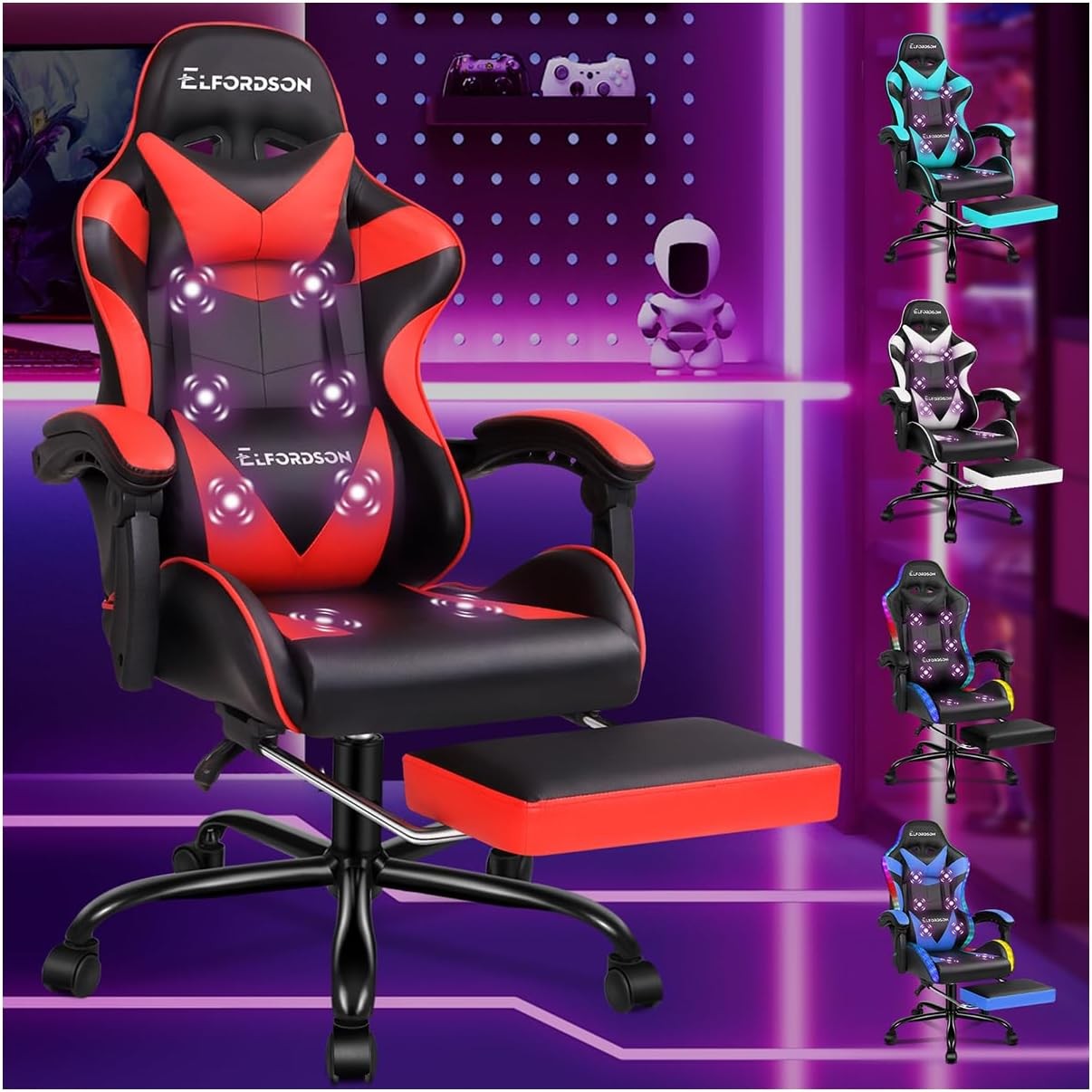 Massage Gaming Chair Recliner w/ Footrest 150° Swivel PU Red