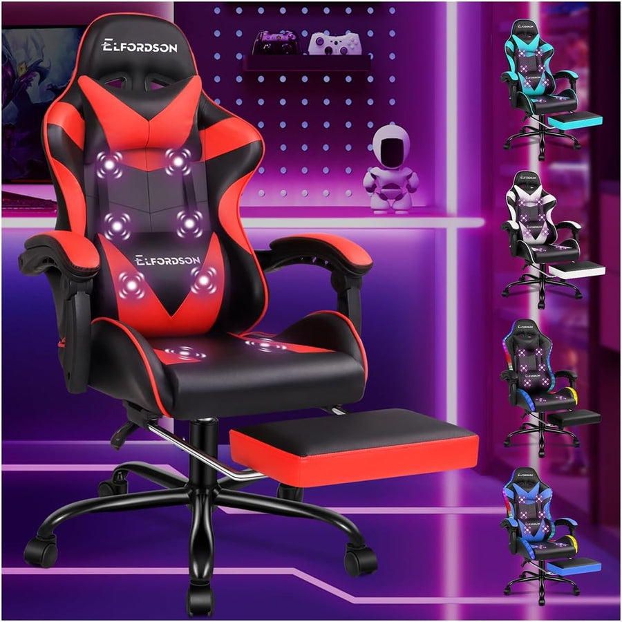 Massage Gaming Chair Recliner w/ Footrest 150° Swivel PU Red