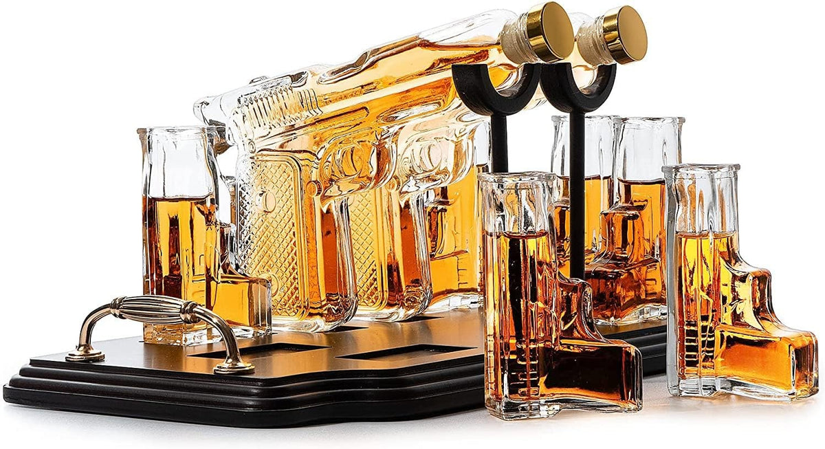 Whiskey Decanter Set with Bullet Glasses Stand | Unique Pistol Themed Gift for M