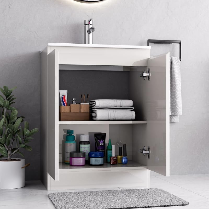 600mm White Bathroom Vanity Unit with Basin Cupboard Under Sink Storage Cabinet