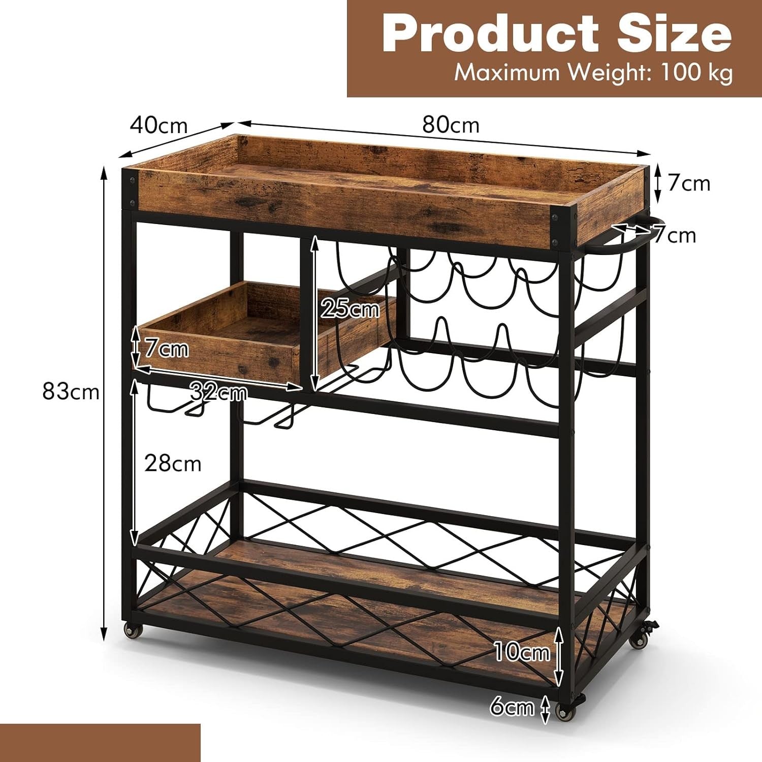 3 Tier Bar Cart Drinks Trolley on Wheels with Wine Rack & Removable Tray
