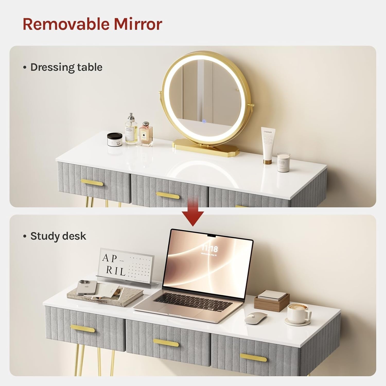 Velvet Vanity Dressing Table Set LED Mirror Stool 3 Drawers Desk White Gold