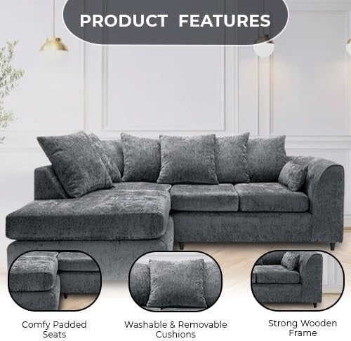 4-Seater Grey Fabric L-Shape Sofa – Comfy Cushions, Sturdy Frame, Easy Assembly