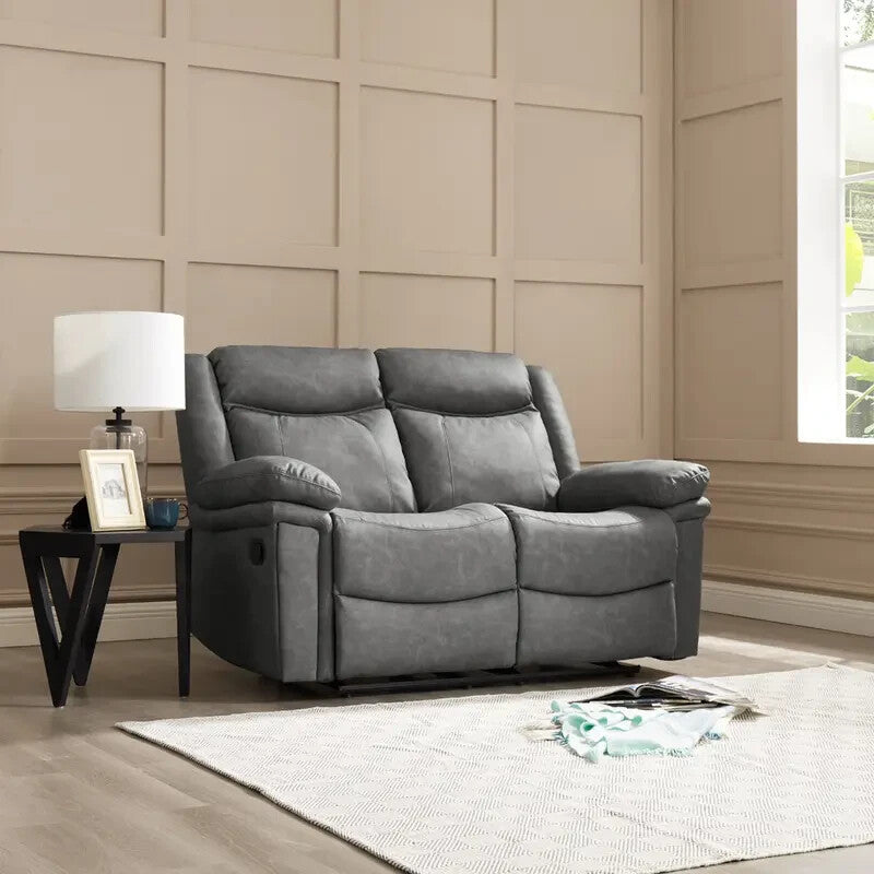 2 Seater Manual Recliner Sofa Grey Faux Leather Padded Lounge Couch