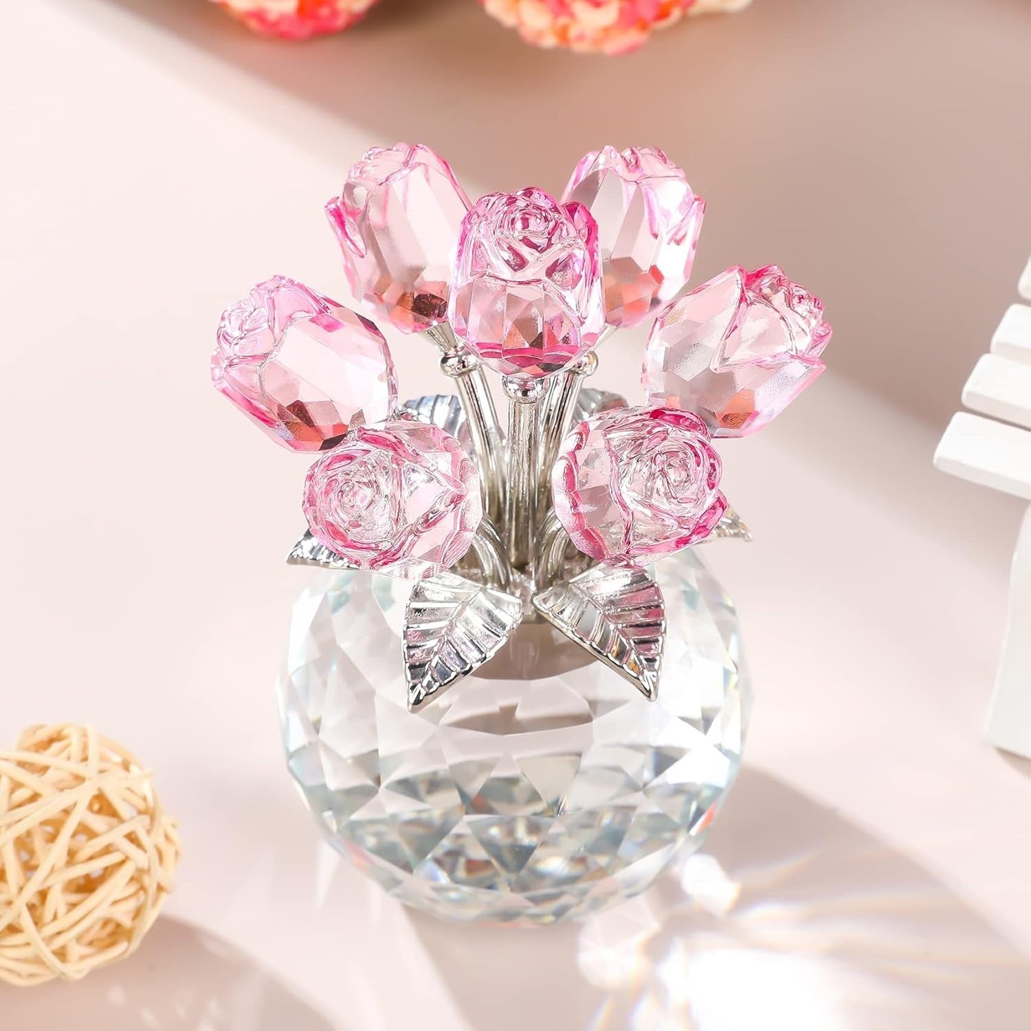Pink Crystal Rose Bouquet Ornament in Round Vase Gift for Women Wife Birthday