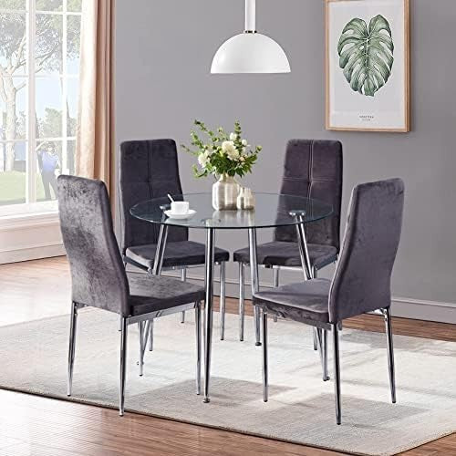 90cm Round Glass Dining Table with 4 Faux Leather Chairs Chrome Legs