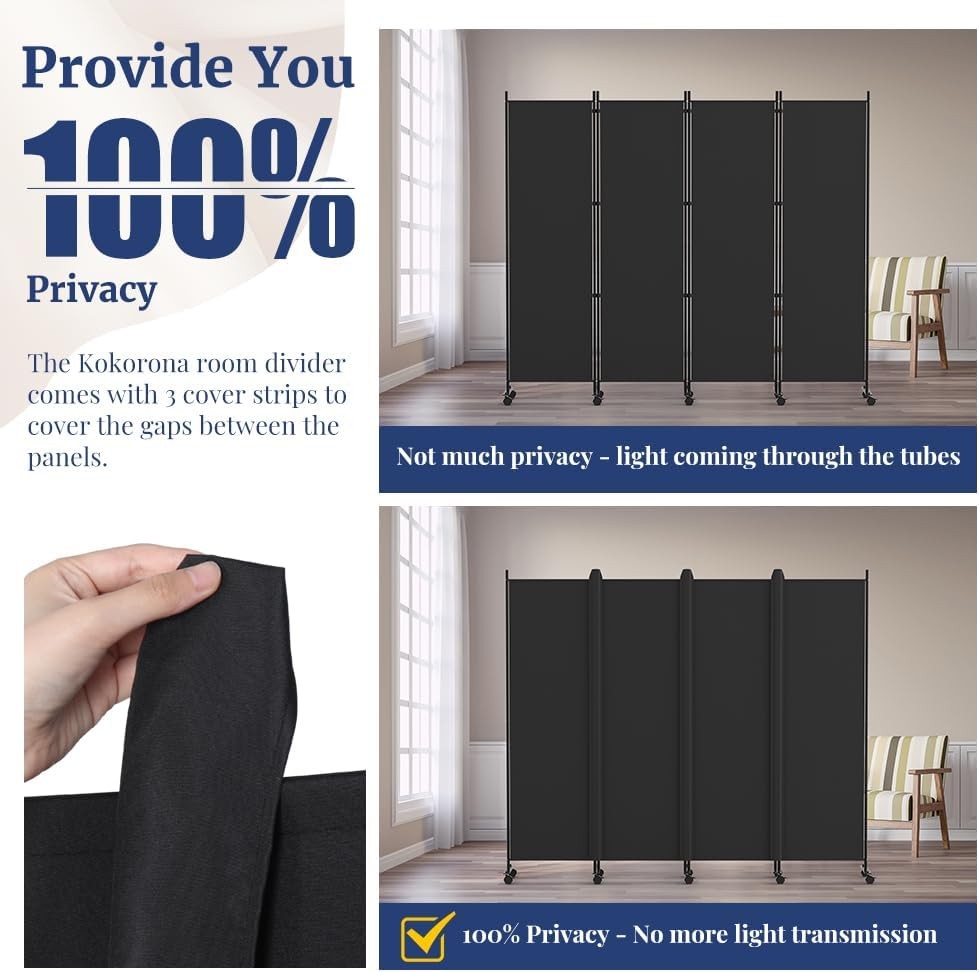 4 Panel Black Folding Room Divider with Lockable Wheels 88x70 Inch