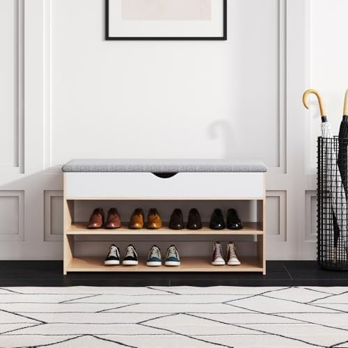 Natural Wooden Shoe Storage Bench with Cushion 2-Tier Organizer Cabinet