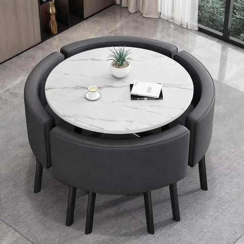Modern White 35.4" Dining Table Set w/ 4 Chairs – Space-Saving Faux Marble