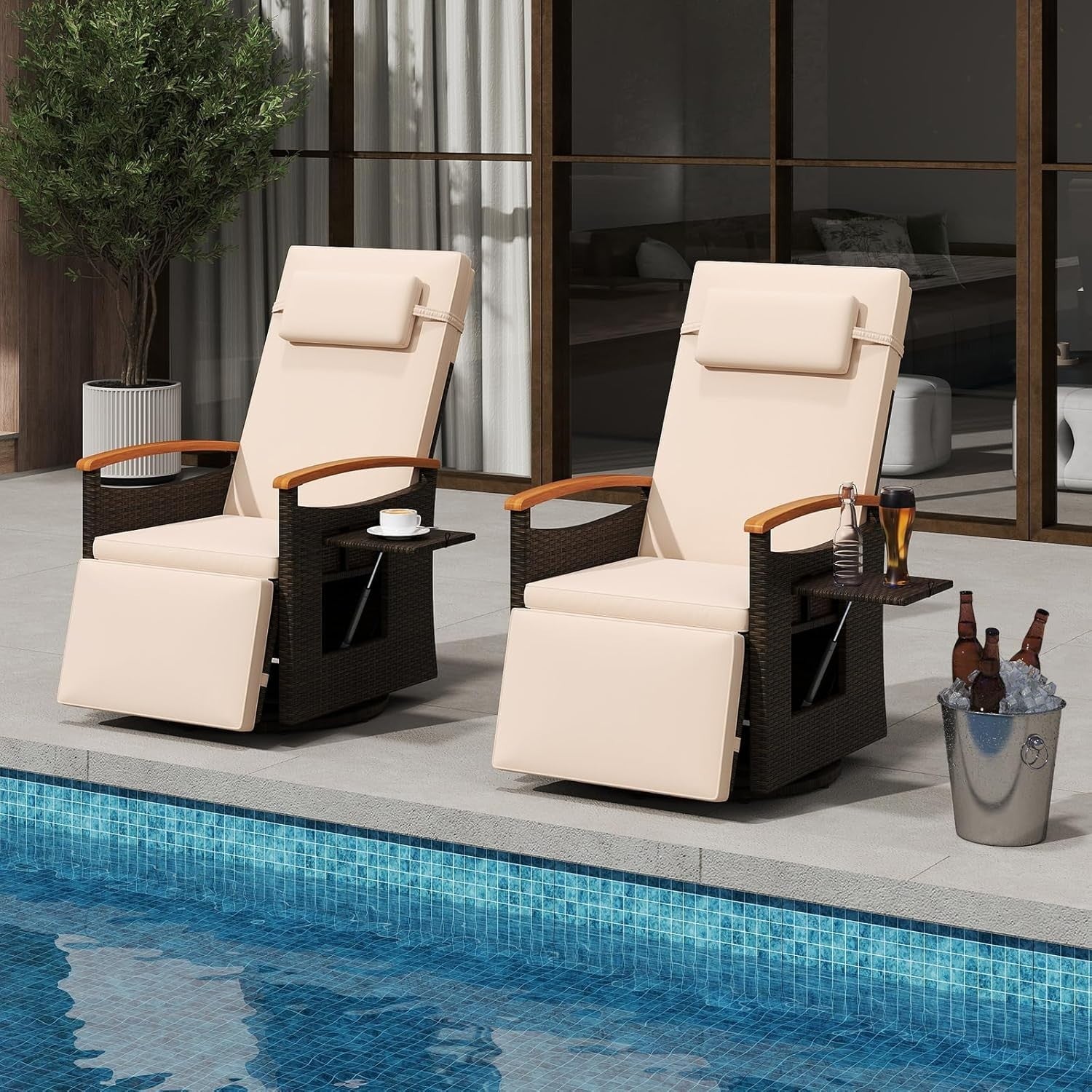 360° Swivel Rattan Recliner Chair with Footrest Side Table Garden Lounger
