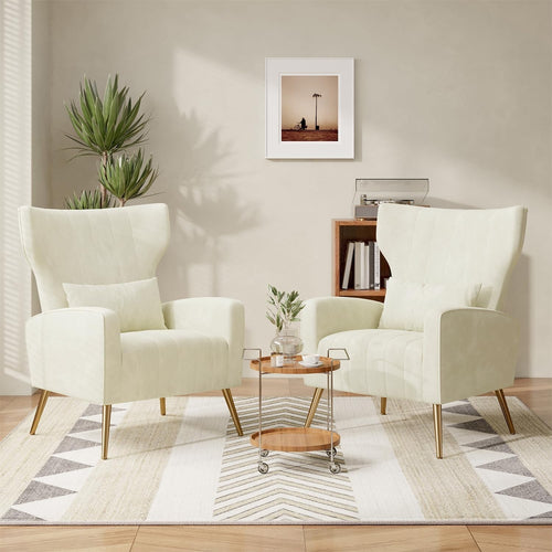 2x Beige Velvet Recliner Armchairs with Cushions & Gold Legs Lounge Set