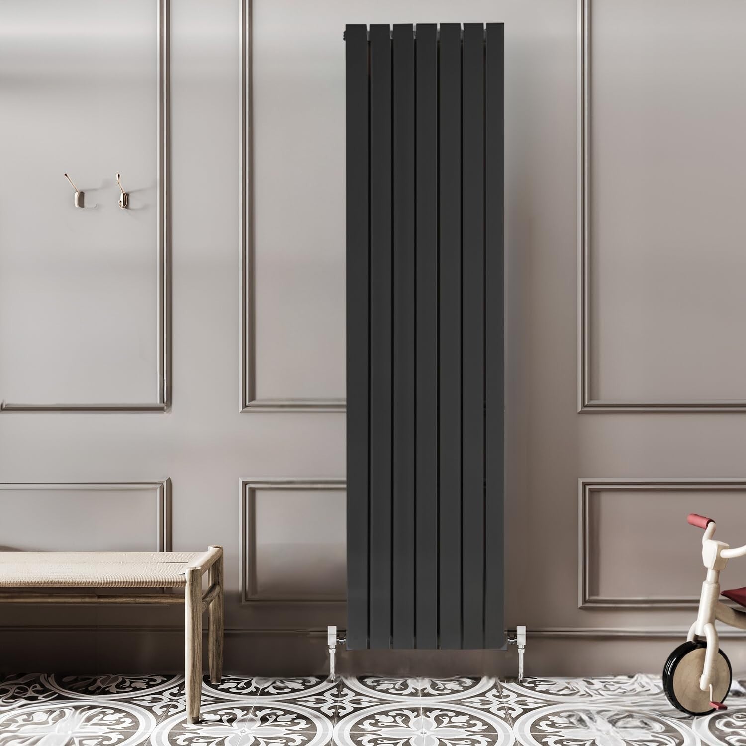 Vertical Flat Panel Radiator Black Double Column 1200x476mm High Heat