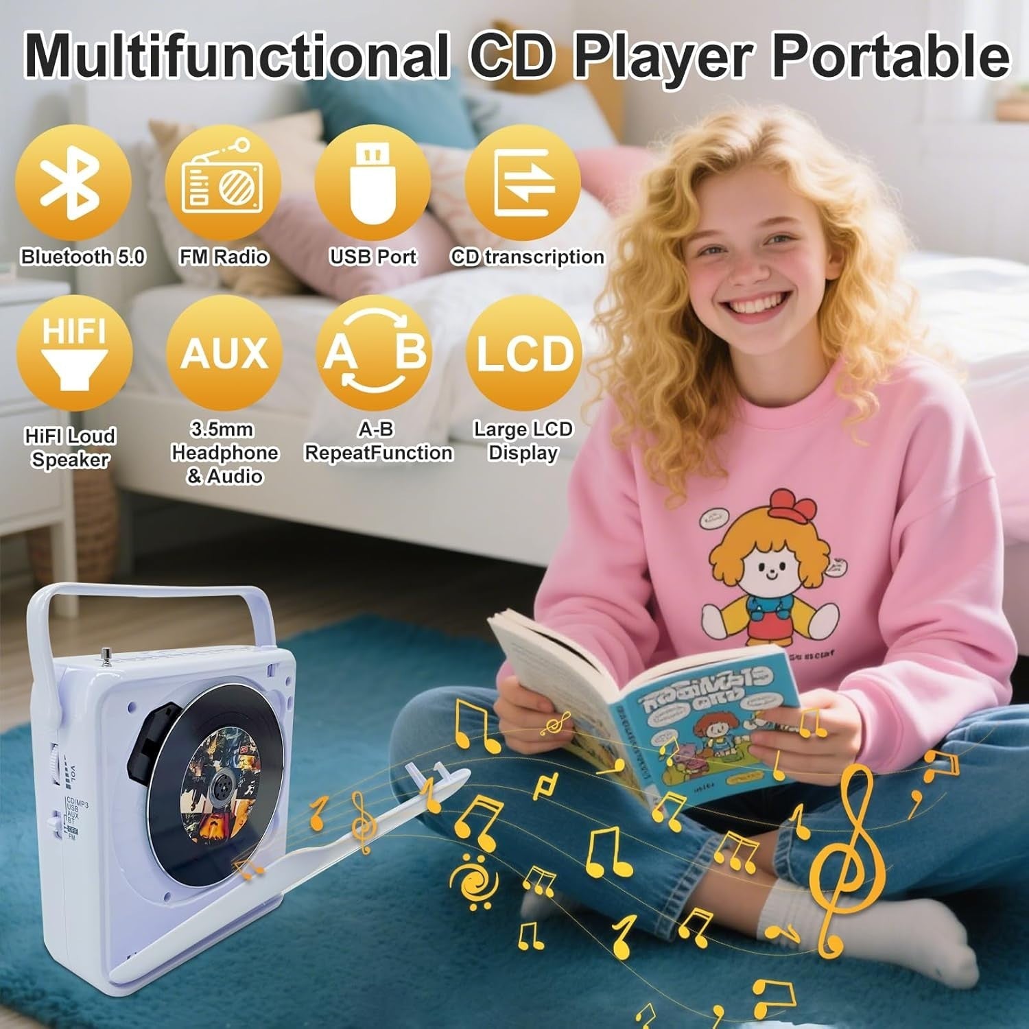 Portable CD Player Bluetooth FM Radio USB Recording HiFi Speakers LCD