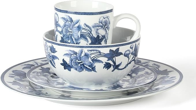 16pc Blue Floral Stoneware Dinnerware Set Plates Bowls Mugs Dishwasher Safe
