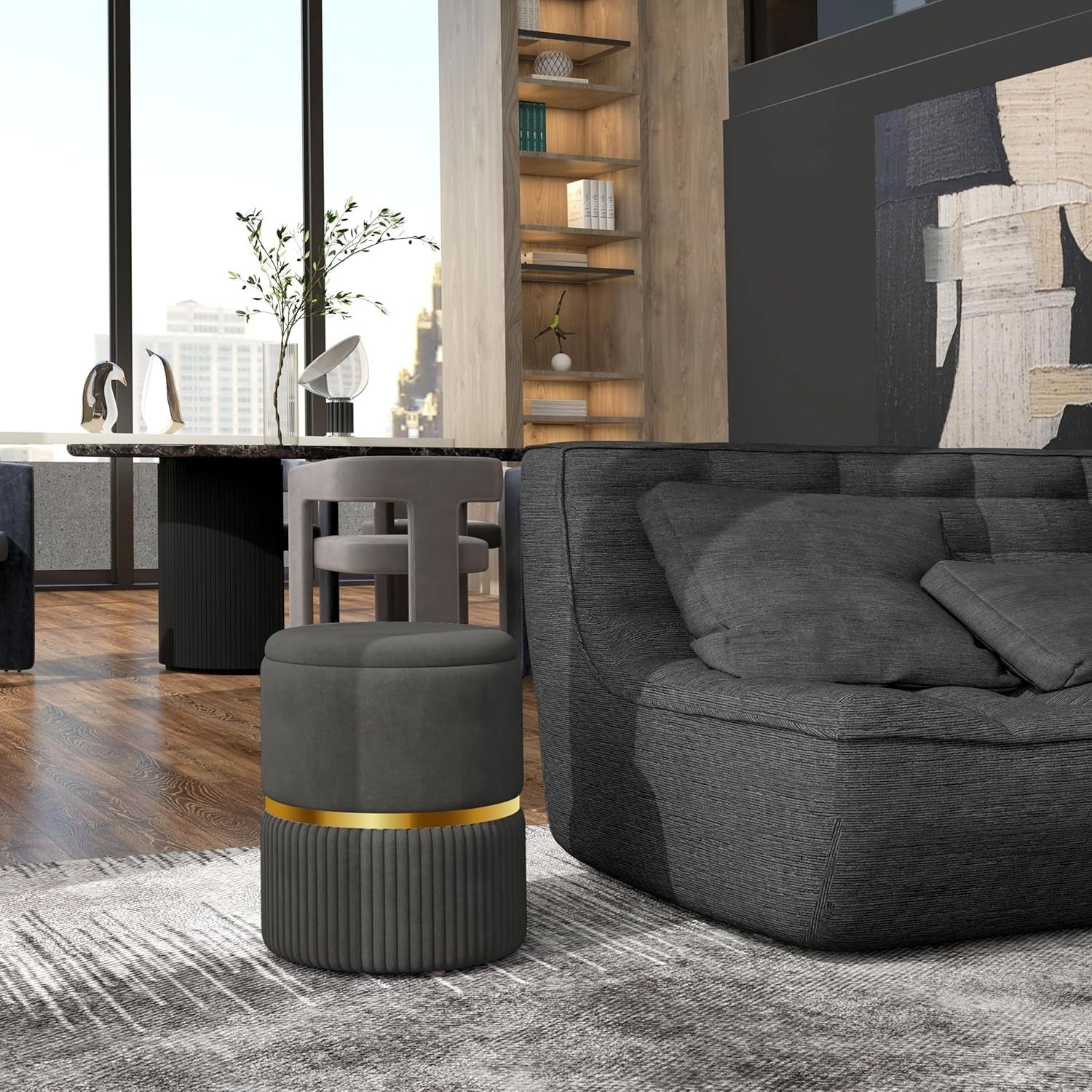 Grey Velvet Round Storage Stool Ottoman Padded Seat Footstool Vanity Chair