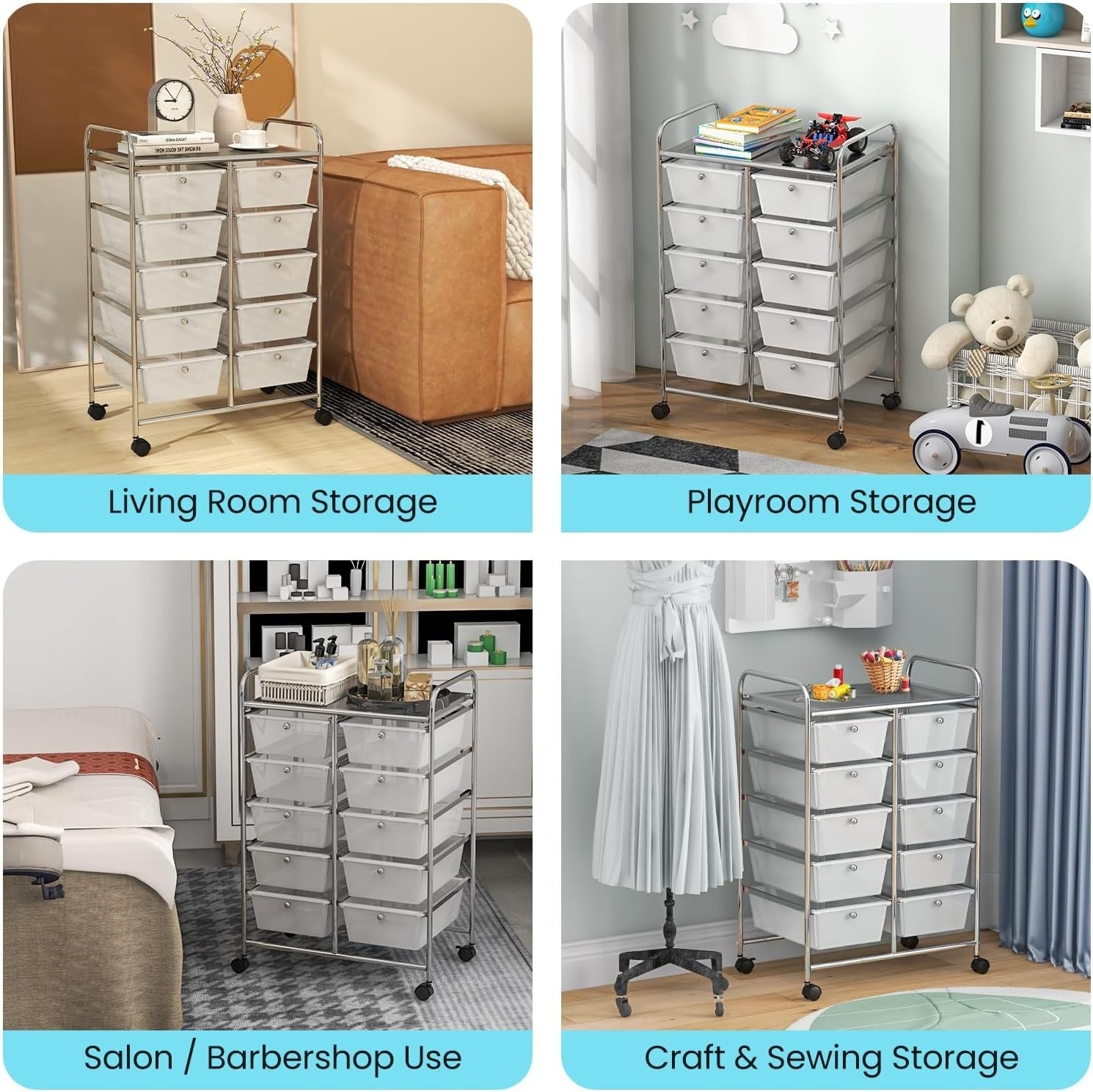 10 Drawer Rolling Storage Cart Utility Organizer Trolley Lockable Wheels