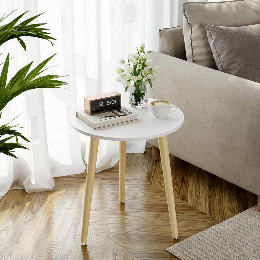 Small Round Side Table 42x42x51cm, Sturdy Iron Legs, White & Oak Finish