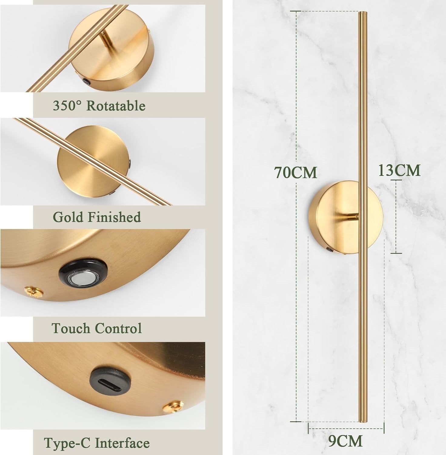 Wireless USB Rechargeable LED Wall Lights, Dimmable, Touch Control, 70cm
