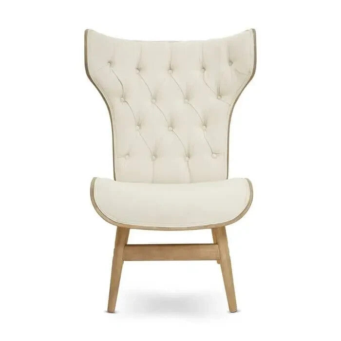 Beige Wingback Accent Chair Tufted Fabric Seat with Curved Elm Wood Frame
