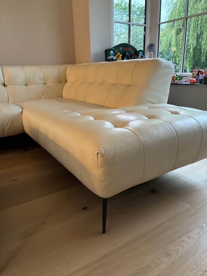 White Ivory Large Leather Corner Sofa + Armchair (PTP)