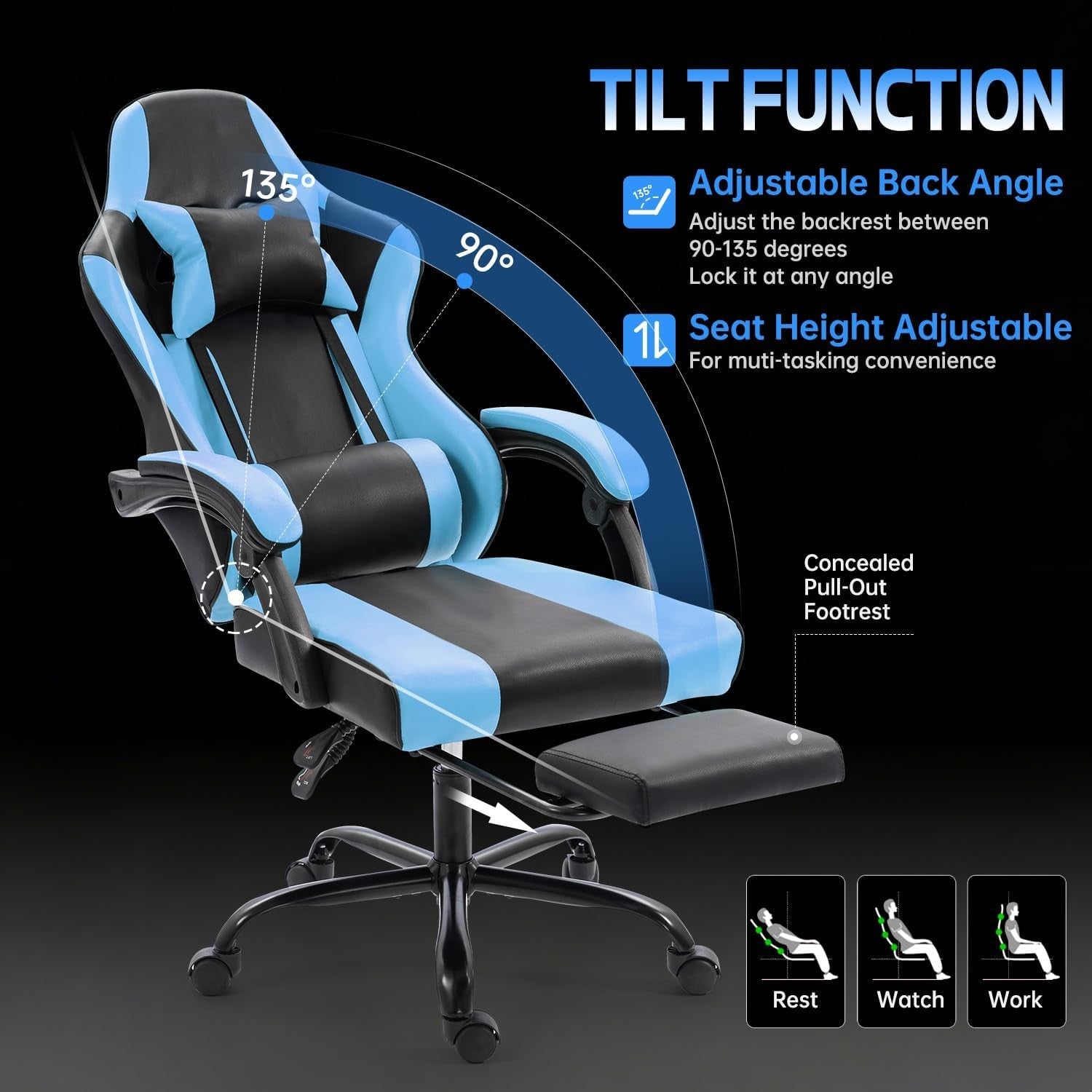 Blue Ergonomic Gaming Chair Recliner Swivel Lumbar Support