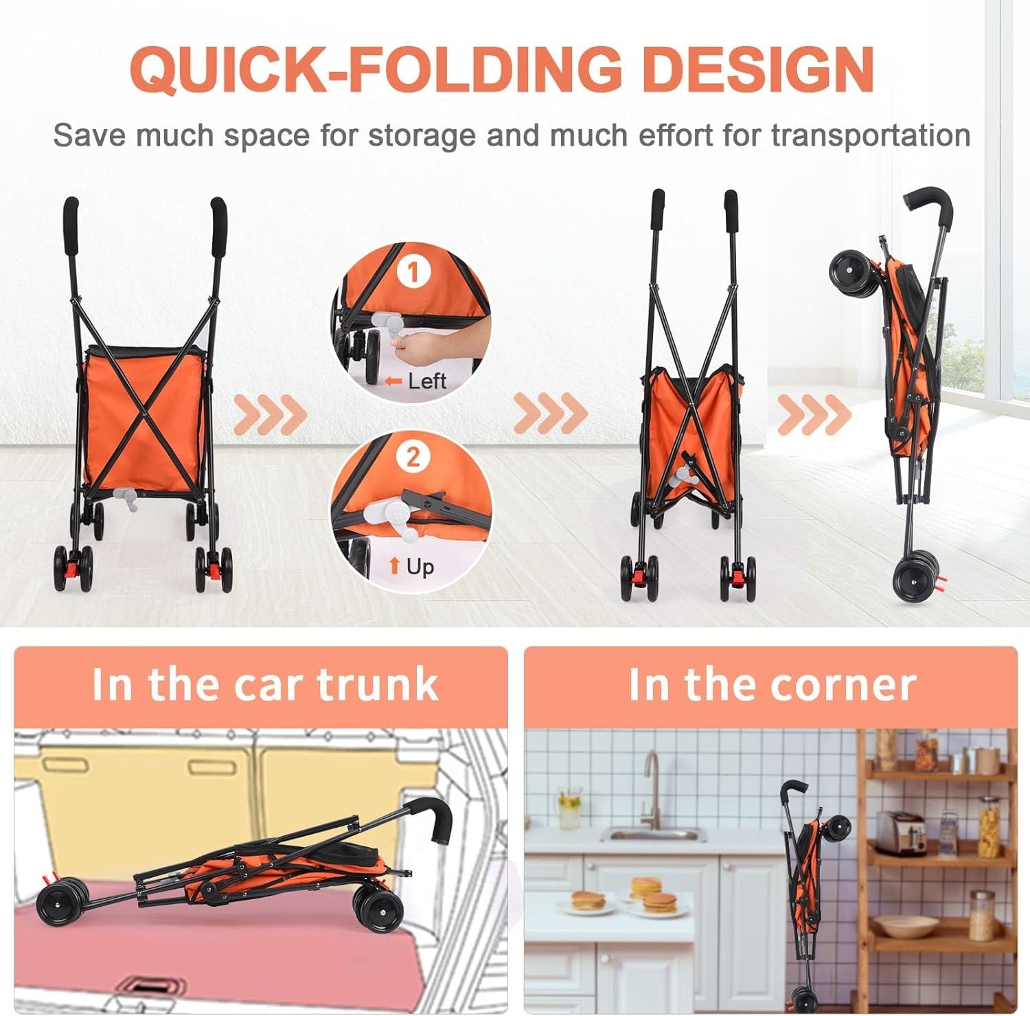 Orange Foldable Pet Stroller Shopping Cart 60lb Heavy Duty Utility Wagon