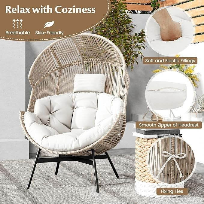 Oversized Rattan Egg Chair Outdoor Recliner with Cushions & Headrest – Max 180kg