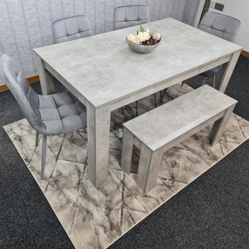 Grey MDF Dining Table Set with 4 Padded Chairs & Bench for Kitchen Room