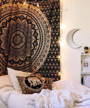 Black Gold Mandala Tapestry 52x82in Boho Wall Hanging Cotton