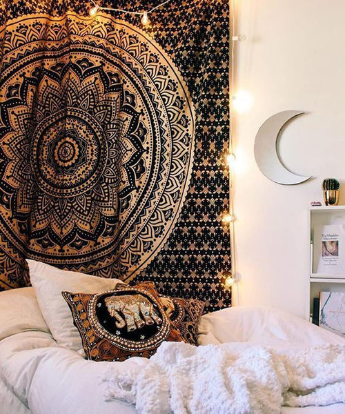 Black Gold Mandala Tapestry 52x82in Boho Wall Hanging Cotton