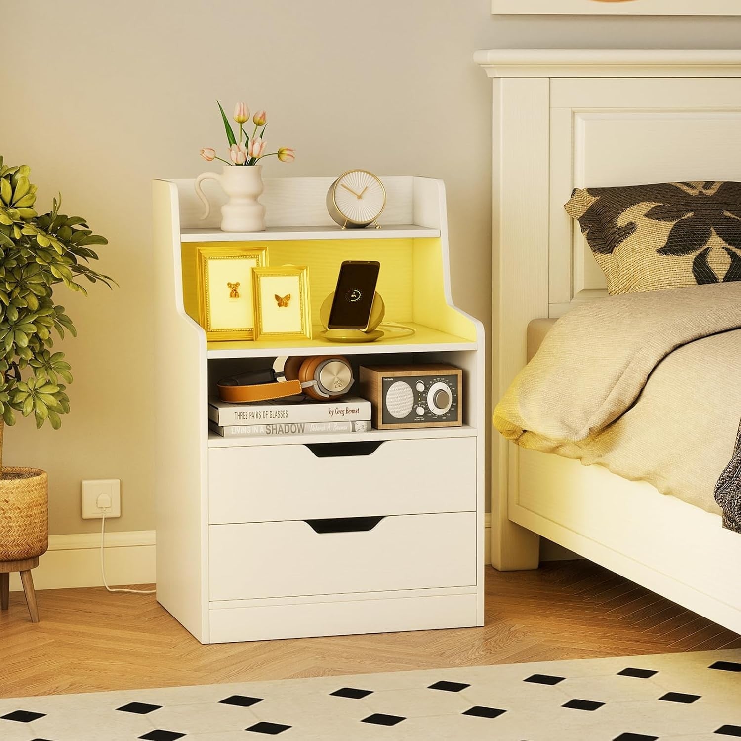 White LED Bedside Tables with Charging Station, Drawers & RGB Shelves (Set of 2)
