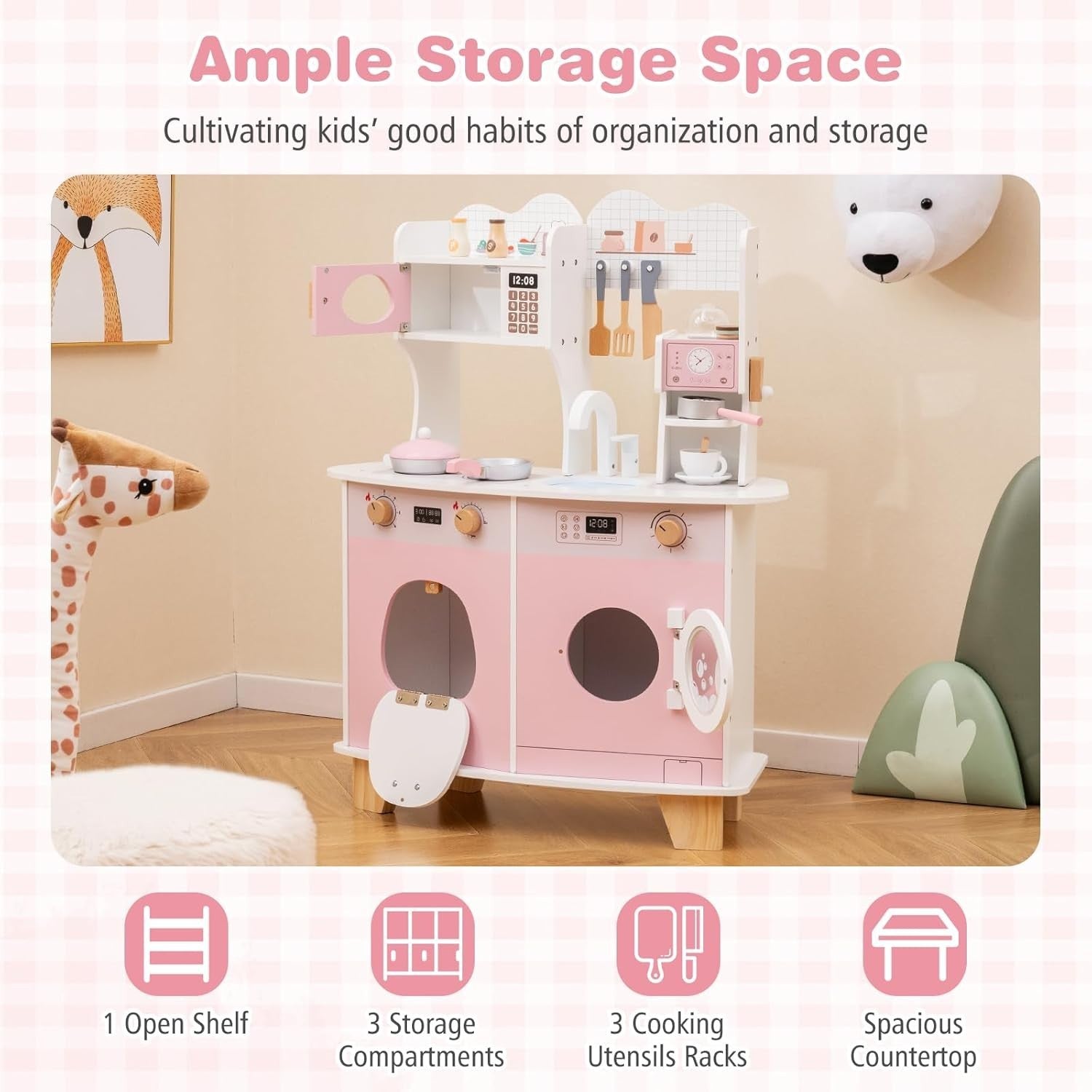 Kids Wooden Play Kitchen w/ Coffee Maker Microwave Pink Toy